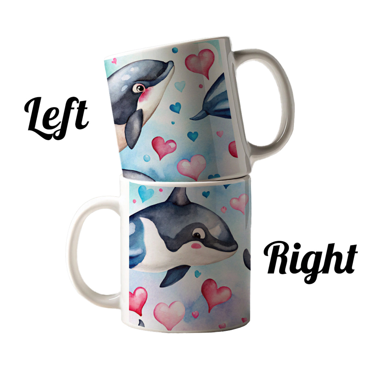 Cute Orcas Whales Hearts Watercolor Ceramic Tea Coffee Mug Cup - 11oz