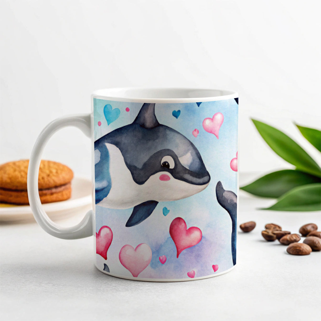 Cute Orcas Whales Hearts Watercolor Ceramic Tea Coffee Mug Cup - 11oz