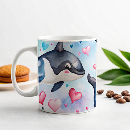 Cute Orcas Whales Hearts Watercolor Ceramic Tea Coffee Mug Cup - 11oz