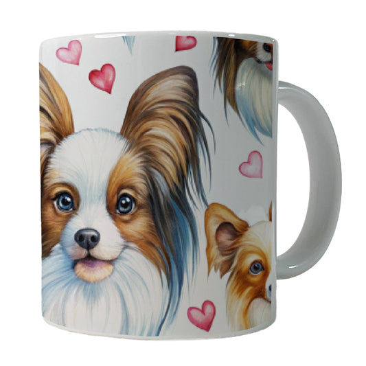 Cute Papillion Dog Faces Hearts Ceramic Tea Coffee Mug Cup - 11oz