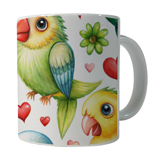 Cute Parrots Hearts Watercolor Ceramic Tea Coffee Mug Cup - 11oz
