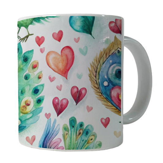 Cute Peacocks Hearts Watercolor Ceramic Tea Coffee Mug Cup - 11oz