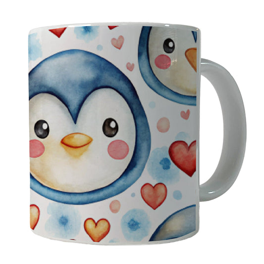 Cute Penguin Faces Hearts Watercolor Ceramic Tea Coffee Mug Cup - 11oz