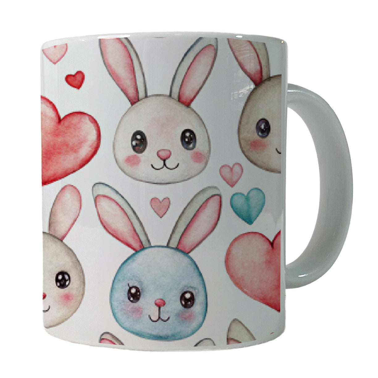 Cute Rabbit Bunny Faces Hearts Easter Ceramic Tea Coffee Mug Cup - 11oz