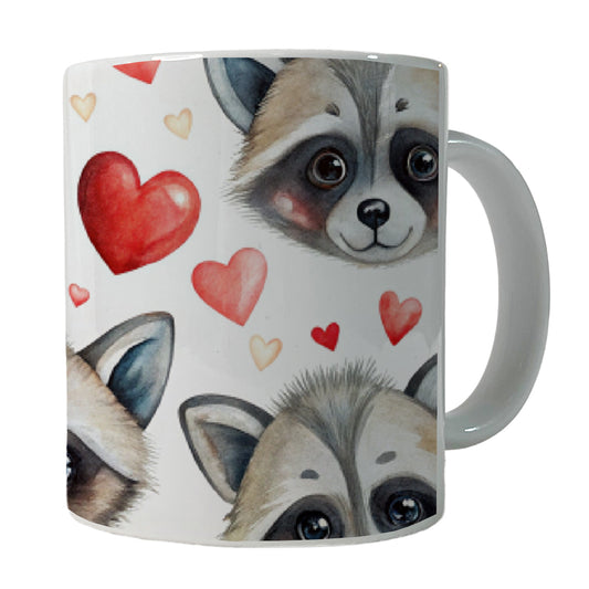 Cute Raccoon Faces Hearts Ceramic Tea Coffee Mug Cup - 11oz