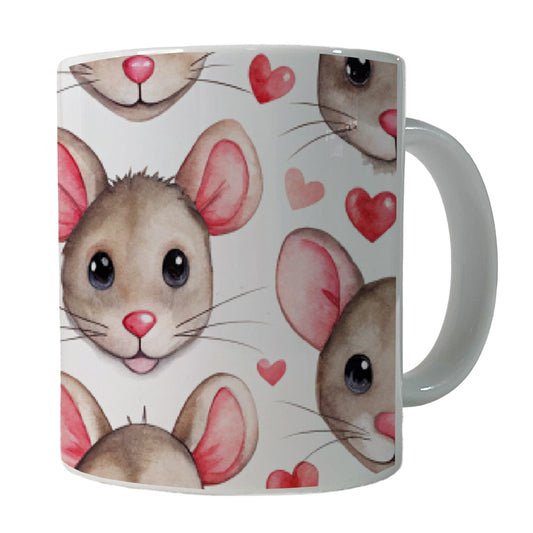 Cute Rat Faces Hearts Watercolor Ceramic Tea Coffee Mug Cup - 11oz