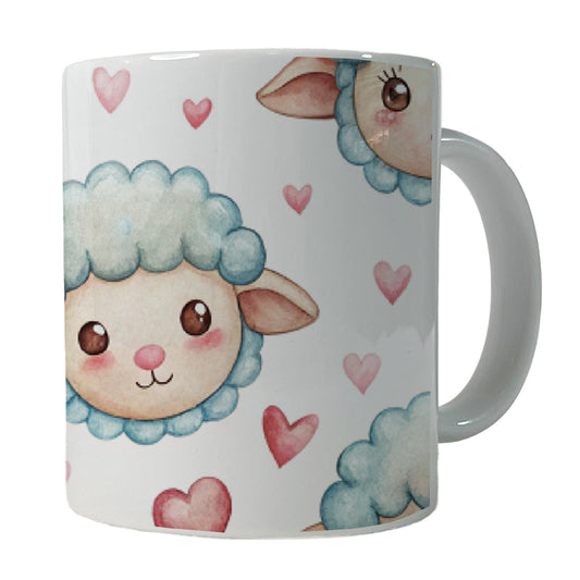 Cute Sheep Faces Hearts Watercolor Ceramic Tea Coffee Mug Cup - 11oz