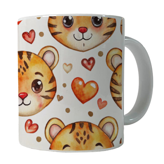 Cute Tiger Faces Hearts Watercolor Ceramic Tea Coffee Mug Cup - 11oz