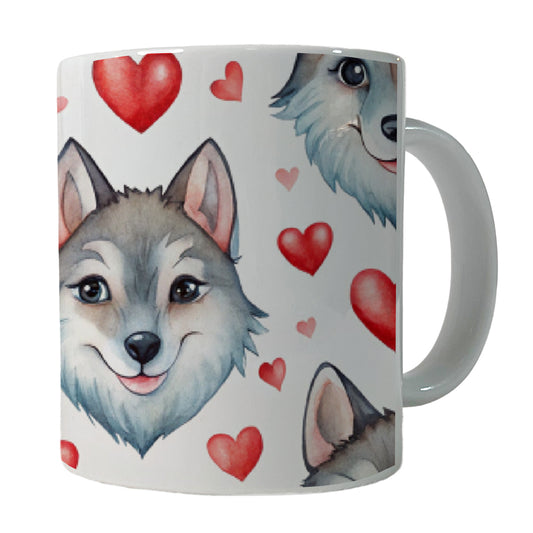 Cute Wolf Faces Hearts Watercolor Ceramic Tea Coffee Mug Cup - 11oz