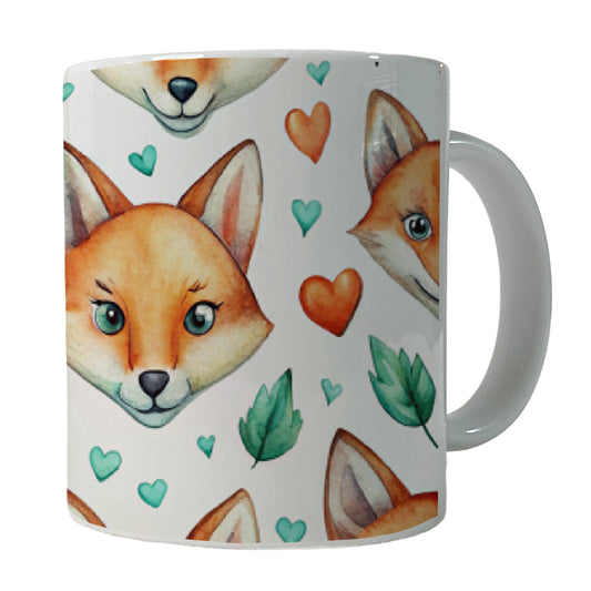 Fox Faces Hearts Watercolor Ceramic Tea Coffee Mug Cup - 11oz