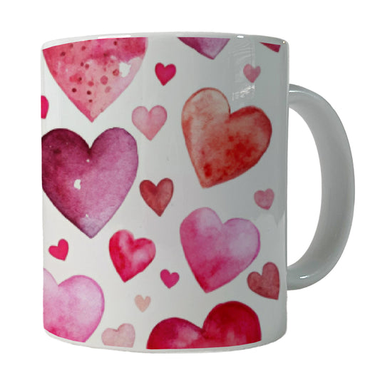 Pink And Red Scattered Hearts Watercolor Ceramic Tea Coffee Mug Cup - 11oz