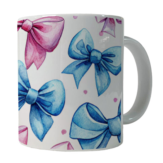 Pink Blue Scattered Coquette Bows Watercolor Ceramic Tea Coffee Mug Cup - 11oz