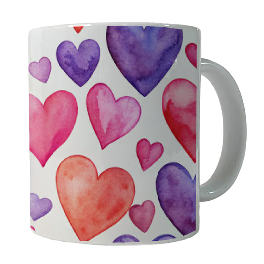Pink Red Purple Hearts Watercolor Ceramic Tea Coffee Mug Cup - 11oz
