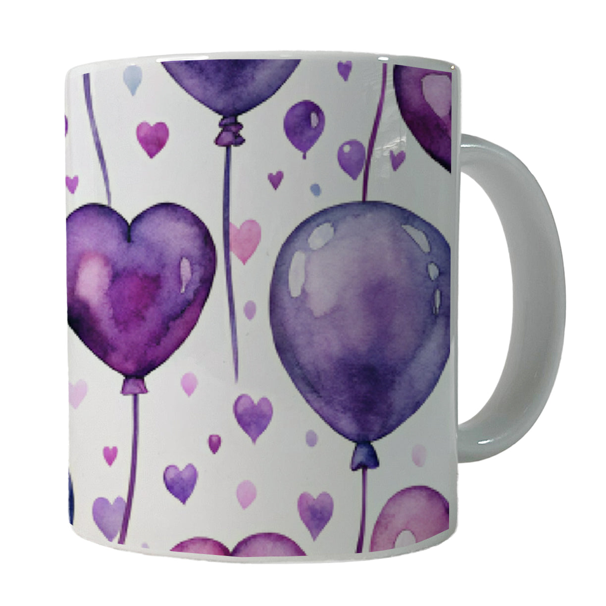 Purple Balloons Hearts Watercolor Birthday Ceramic Tea Coffee Mug Cup - 11oz