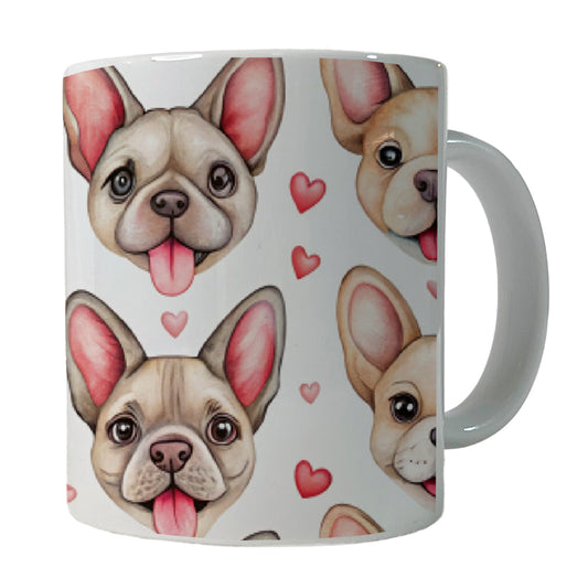 Smiling Cute French Bulldog Dog Faces Hearts Ceramic Tea Coffee Mug Cup - 11oz