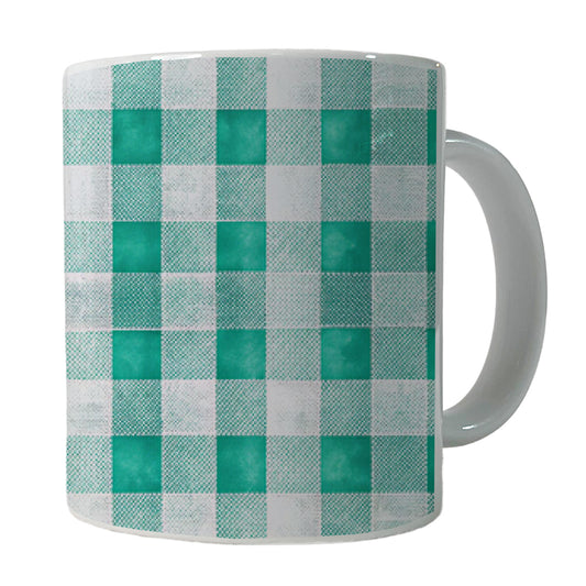 Teal White Gingham Watercolor Ceramic Tea Coffee Mug Cup - 11oz