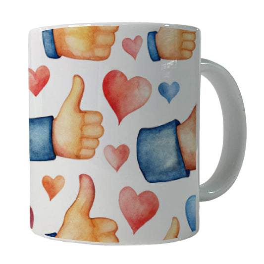 Thumbs Up Hearts Watercolor Ceramic Tea Coffee Mug Cup - 11oz