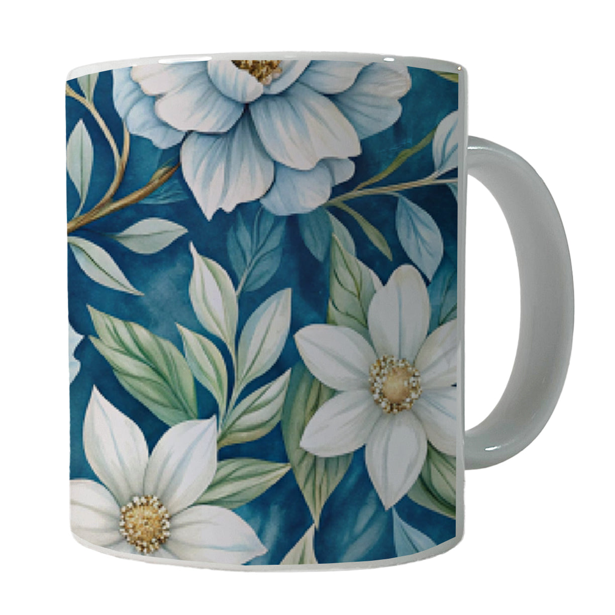 White Flowers Blue Background Ceramic Tea Coffee Mug Cup - 11oz