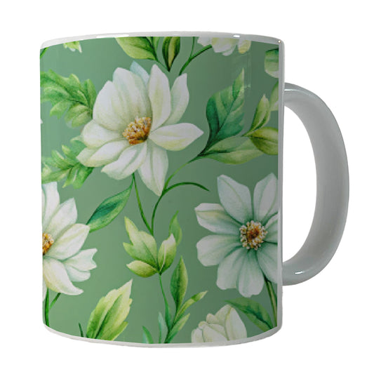 White Flowers Green Background Ceramic Tea Coffee Mug Cup - 11oz