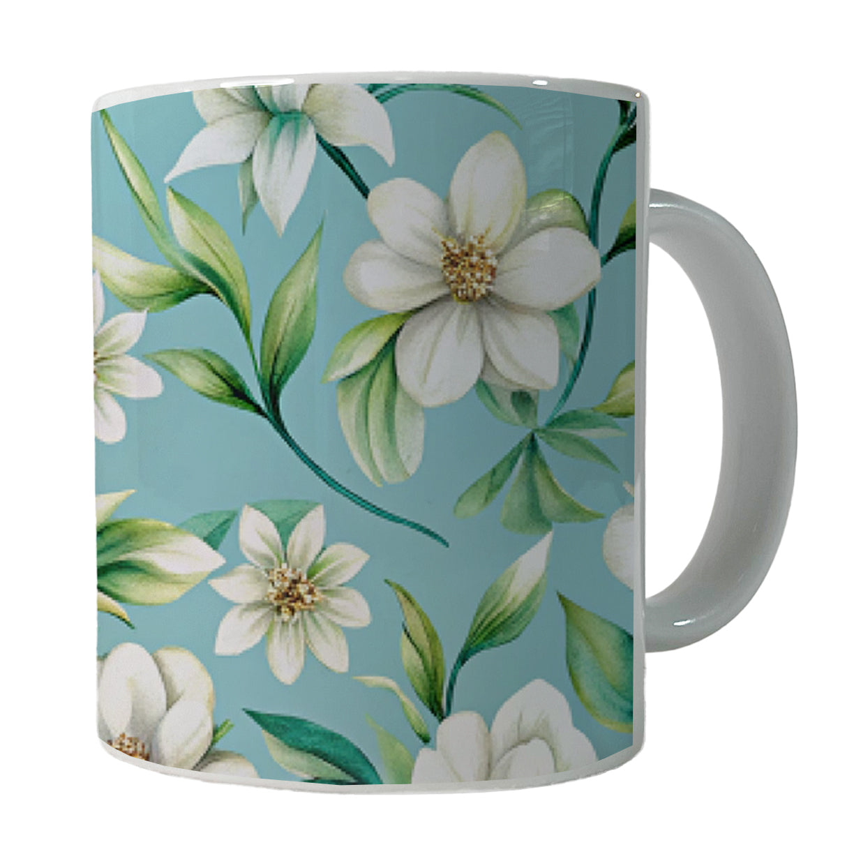 White Flowers Light Blue Background Ceramic Tea Coffee Mug Cup - 11oz