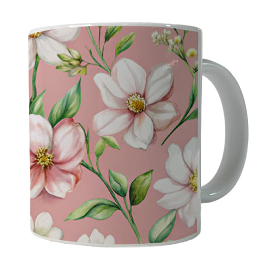 White Flowers Pink Background Ceramic Tea Coffee Mug Cup - 11oz
