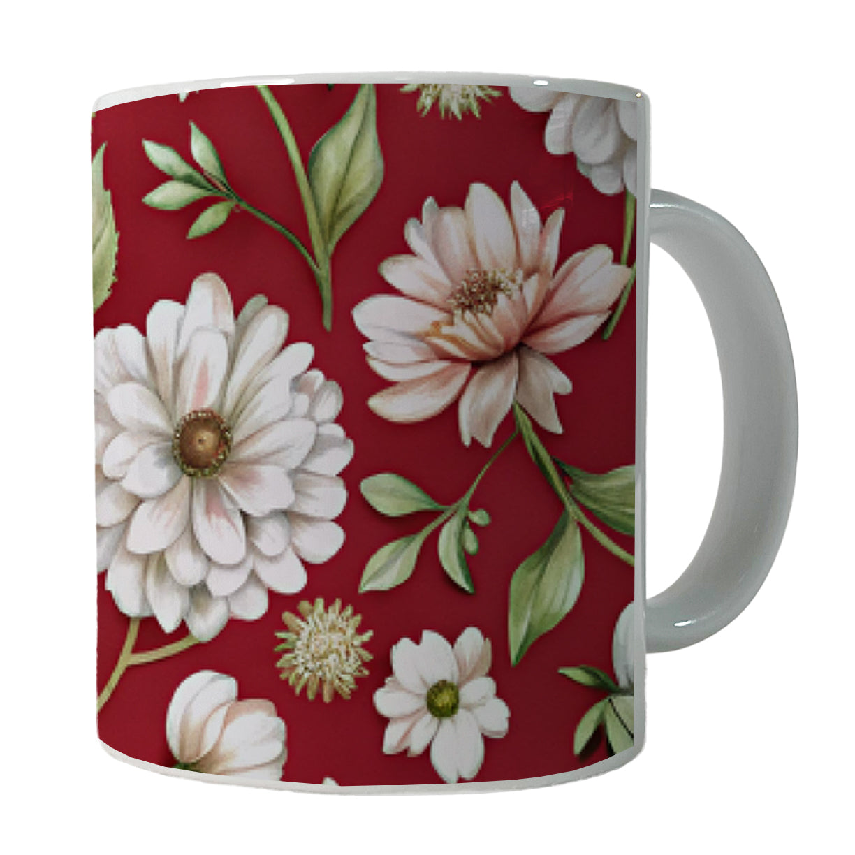 White Flowers Red Background Ceramic Tea Coffee Mug Cup - 11oz