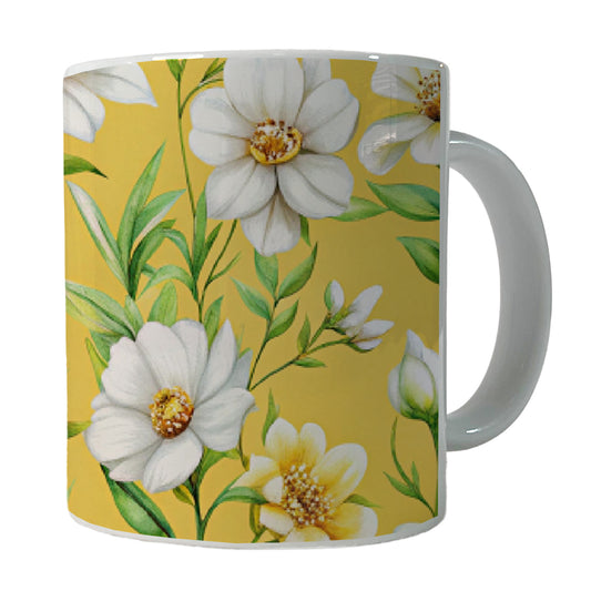 White Flowers Yellow Background Ceramic Tea Coffee Mug Cup - 11oz