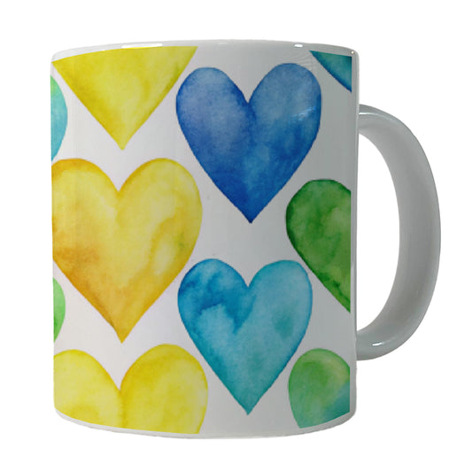 Yellow Blue Green Hearts Watercolor Ceramic Tea Coffee Mug Cup - 11oz