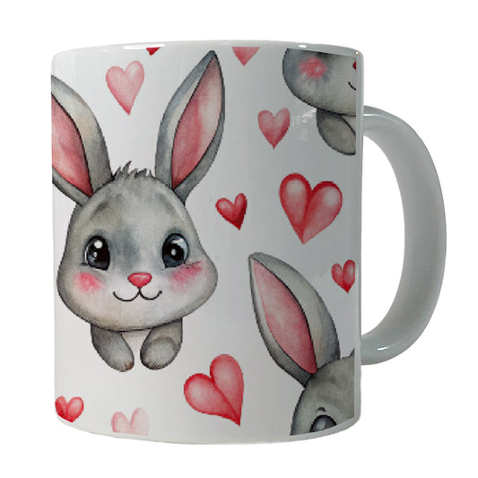 Adorable Gray Bunnies And Hearts Ceramic Tea Coffee Mug Cup - 11oz