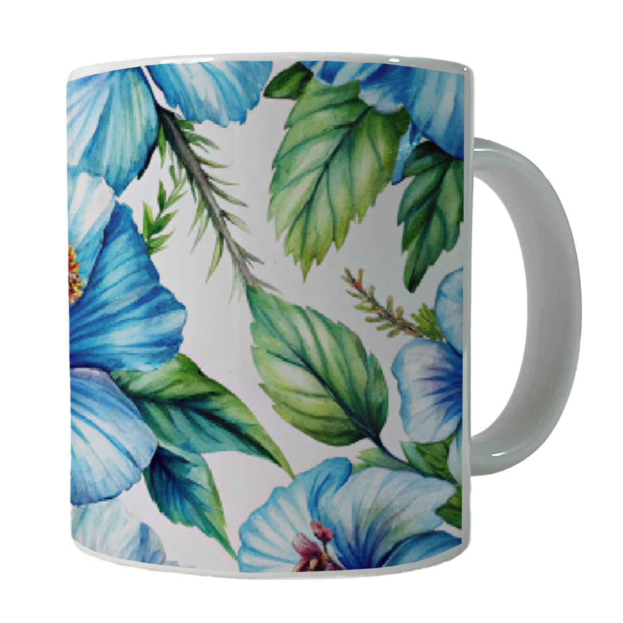 Blue Hibiscus Flowers Watercolor Ceramic Tea Coffee Mug Cup - 11oz
