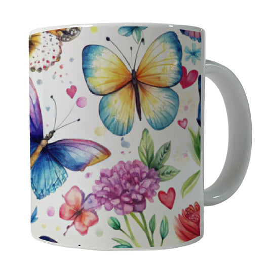 Butterflies Hearts Flowers Beautiful Watercolor Ceramic Tea Coffee Mug Cup - 11oz
