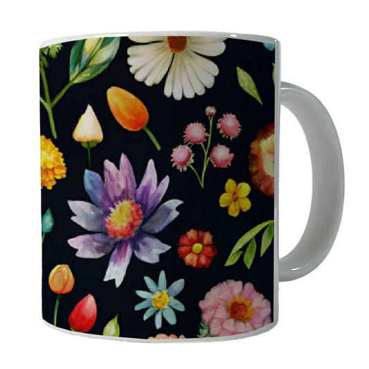 Flowers Black Background Watercolor Ceramic Tea Coffee Mug Cup - 11oz