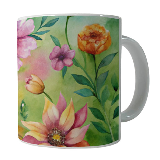 Flowers Green Background Watercolor Ceramic Tea Coffee Mug Cup - 11oz