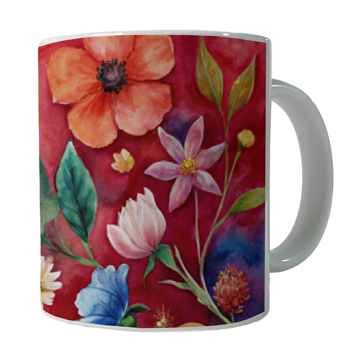 Flowers Red Background Watercolor Ceramic Tea Coffee Mug Cup - 11oz