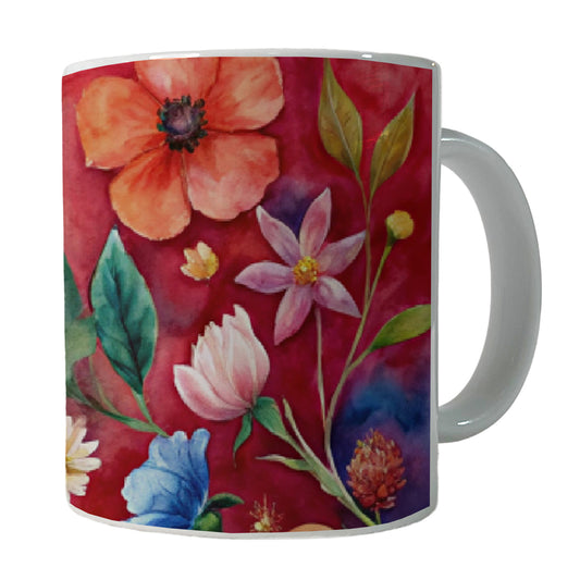 Flowers Red Background Watercolor Ceramic Tea Coffee Mug Cup - 11oz