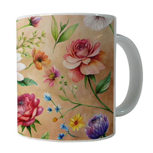 Flowers Tan Background Watercolor Ceramic Tea Coffee Mug Cup - 11oz