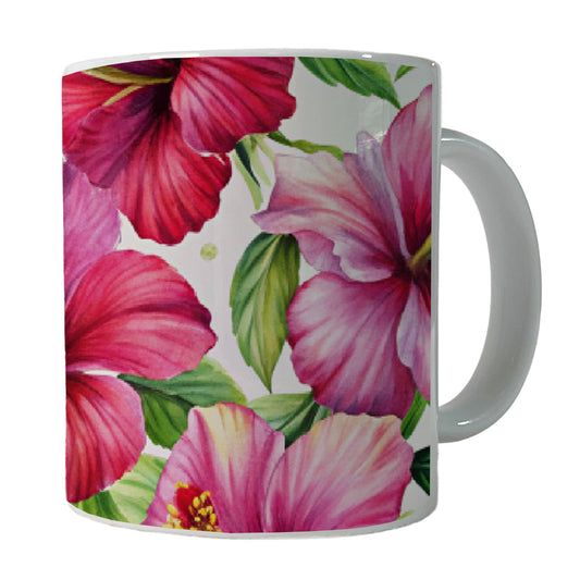 Fuchsia Hibiscus Flowers Watercolor Ceramic Tea Coffee Mug Cup - 11oz