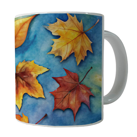 Leaves Blue Background Watercolor Ceramic Tea Coffee Mug Cup - 11oz