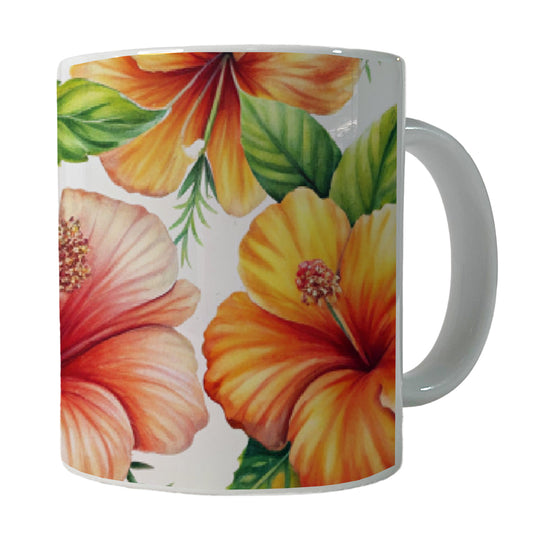 Orange Hibiscus Flowers Watercolor Ceramic Tea Coffee Mug Cup - 11oz