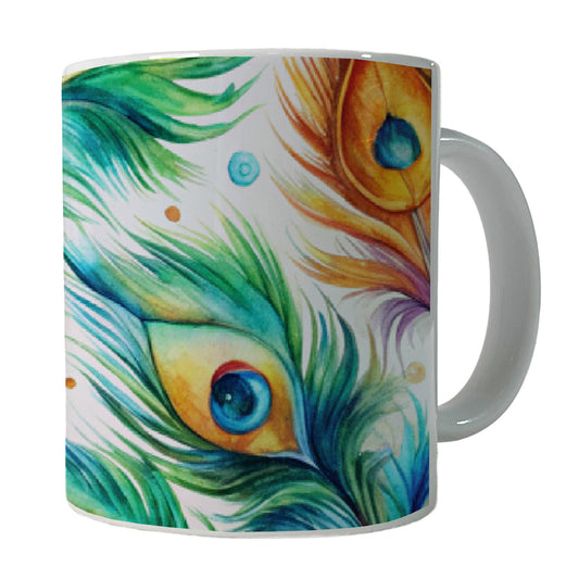 Peacock Feathers Watercolor Ceramic Tea Coffee Mug Cup - 11oz