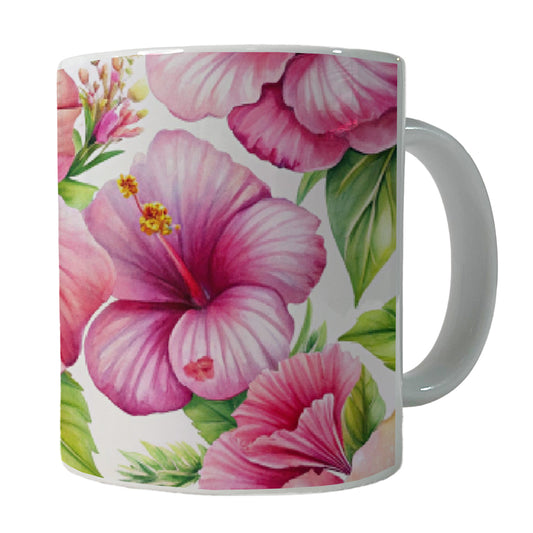 Pink Hibiscus Tropical Flowers Watercolor Ceramic Tea Coffee Mug Cup - 11oz