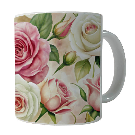 Pink White Roses Flowers Watercolor Ceramic Tea Coffee Mug Cup - 11oz