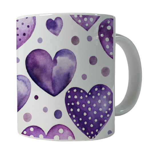 Purple Hearts Polka Dots Watercolor Ceramic Tea Coffee Mug Cup - 11oz