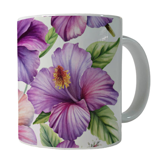Purple Hibiscus Flowers Watercolor Ceramic Tea Coffee Mug Cup - 11oz