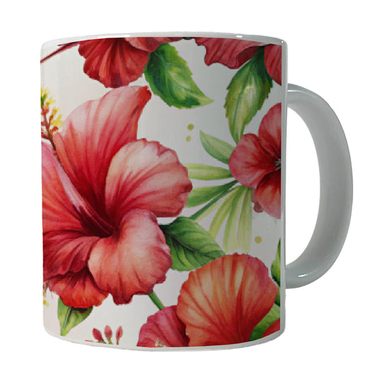 Red Hibiscus Flowers Watercolor Ceramic Tea Coffee Mug Cup - 11oz