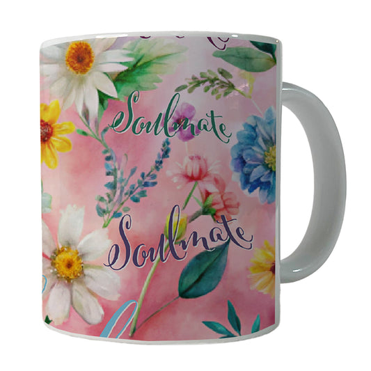 Soulmate Love Wedding Anniversary Flowers Pink Background Ceramic Tea Coffee Mug Cup - 11oz