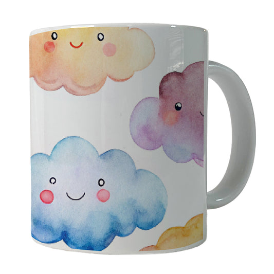 Sweet Smiling Clouds In A Row Watercolor  Ceramic Tea Coffee Mug Cup - 11oz