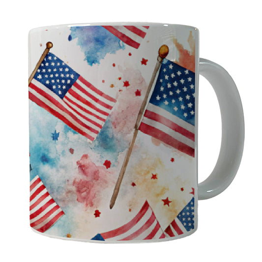 USA American Flags Patriotic Watercolor Ceramic Tea Coffee Mug Cup - 11oz