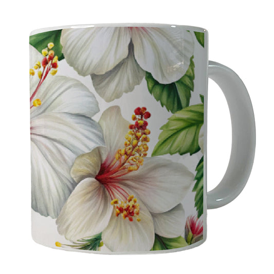 White Hibiscus Flowers Watercolor Ceramic Tea Coffee Mug Cup - 11oz