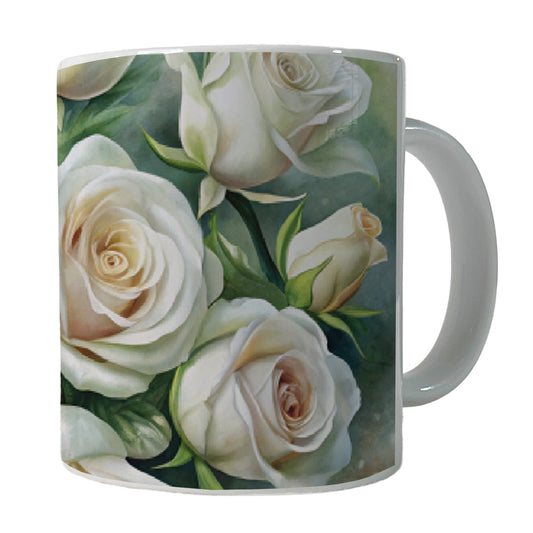 White Roses Flowers Watercolor Ceramic Tea Coffee Mug Cup - 11oz
